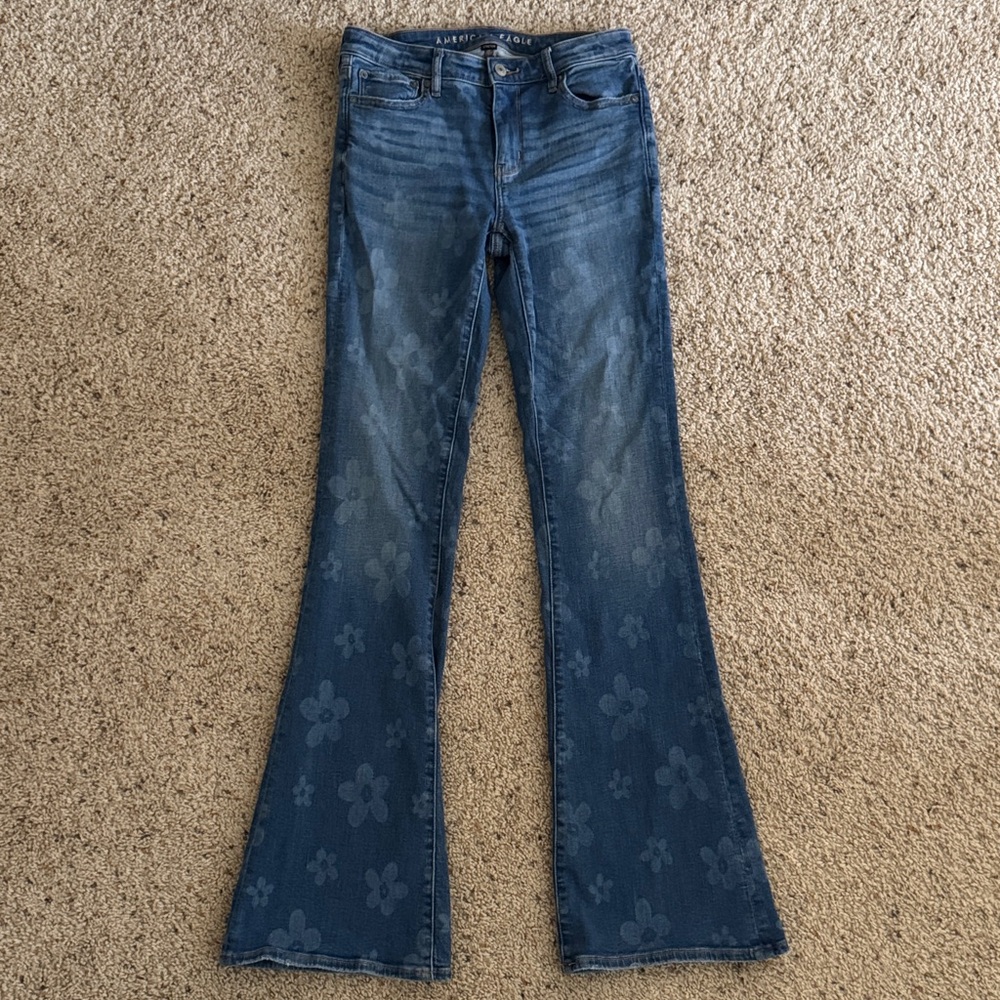 American Eagle Outfitters Dark Blue Floral Flare Jeans 4 XLong